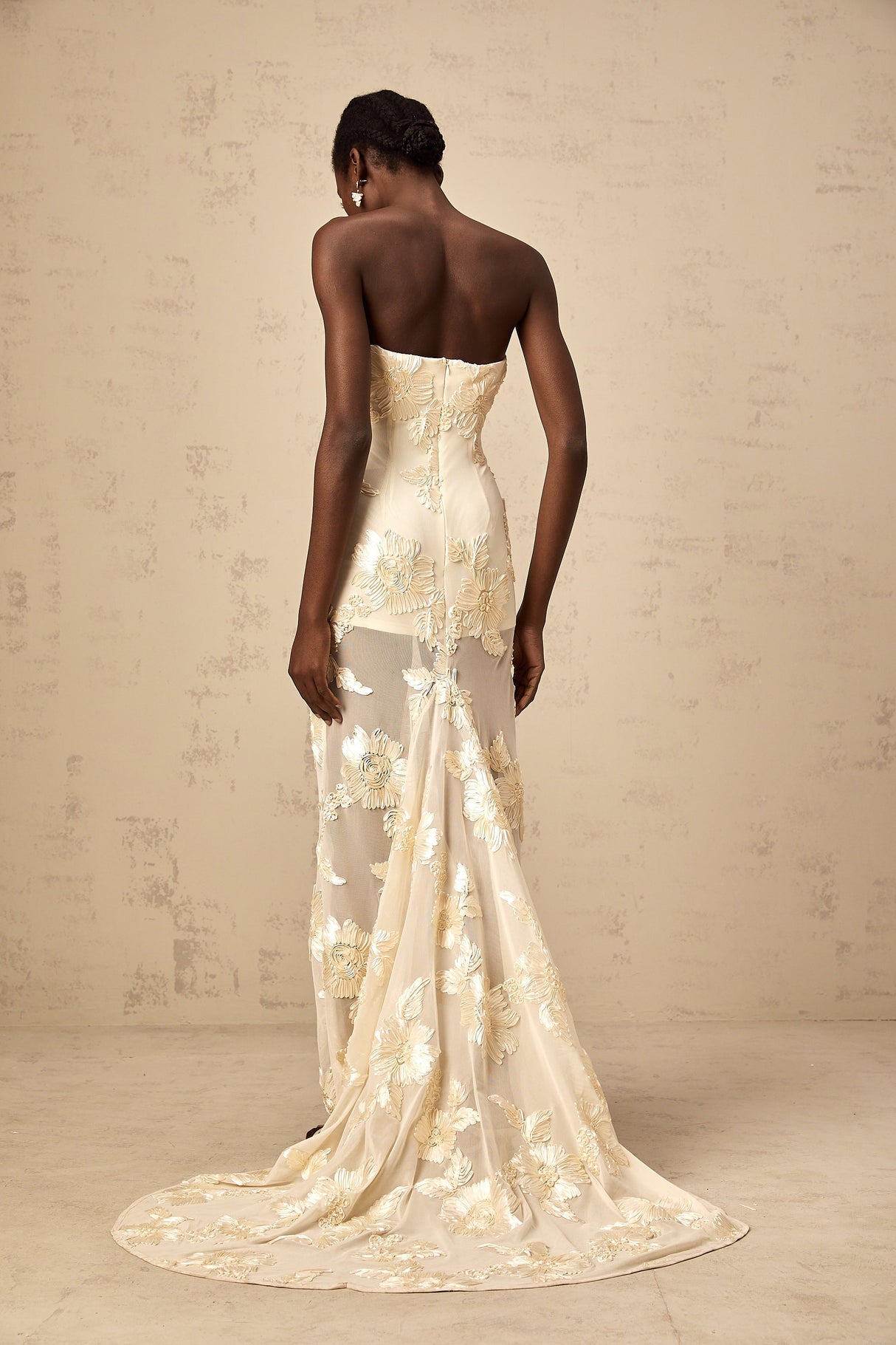 Aurohaya Melanie neutrals embroidered off-shoulder maxi dress