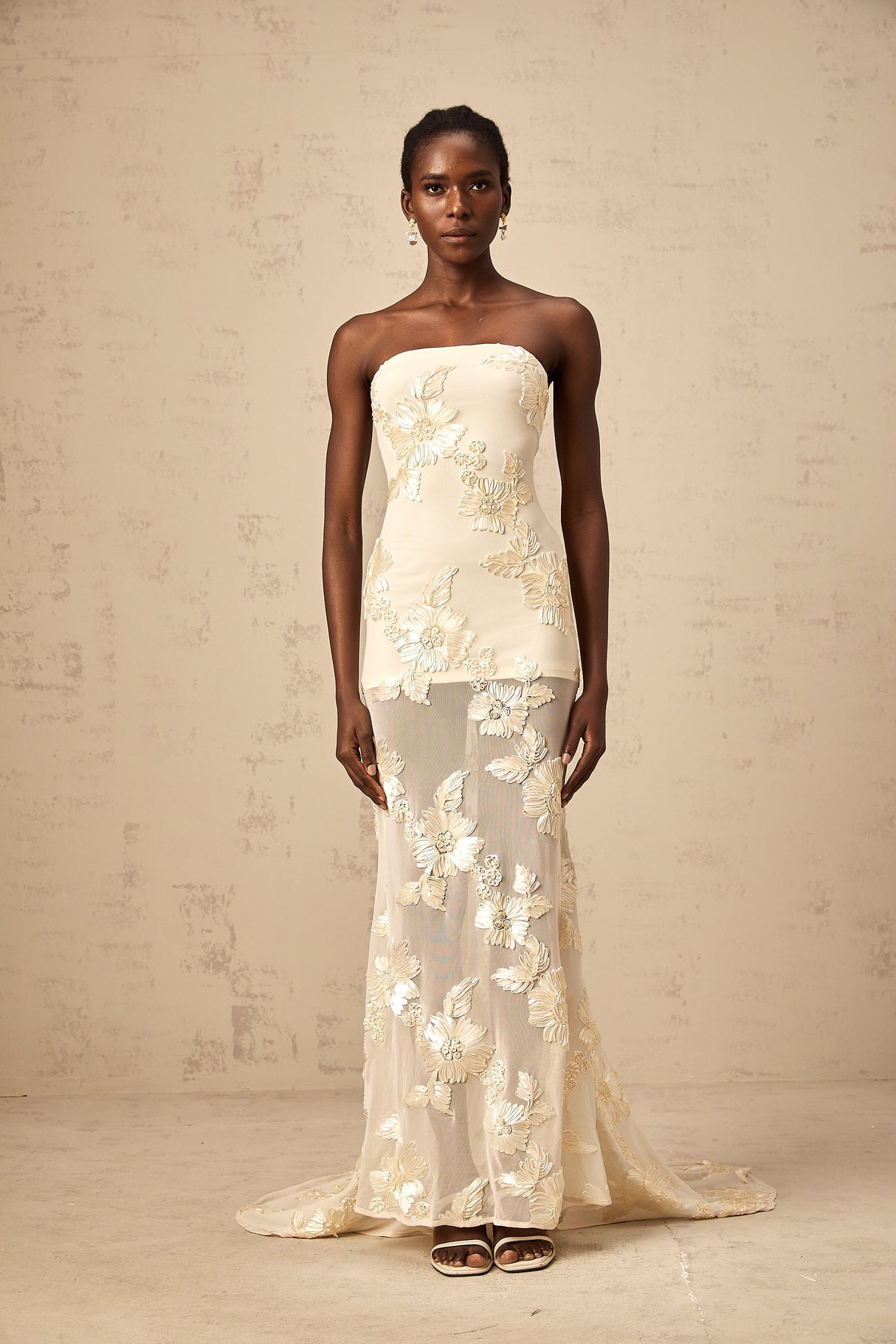 Aurohaya Melanie neutrals embroidered off-shoulder maxi dress