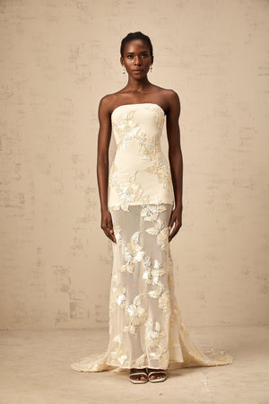 Aurohaya Melanie neutrals embroidered off-shoulder maxi dress