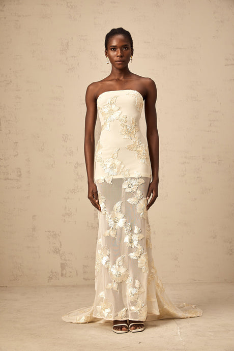 Aurohaya Melanie neutrals embroidered off-shoulder maxi dress