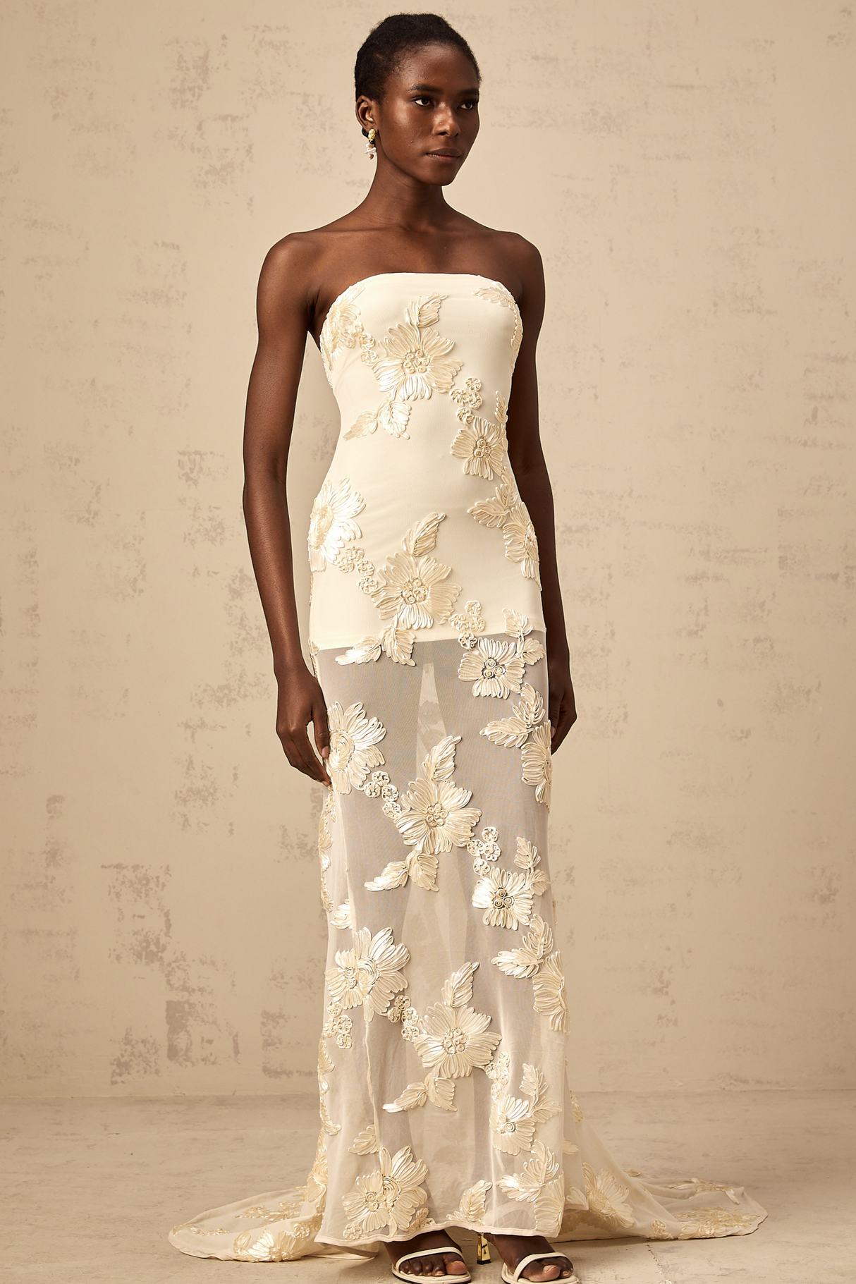 Aurohaya Melanie neutrals embroidered off-shoulder maxi dress