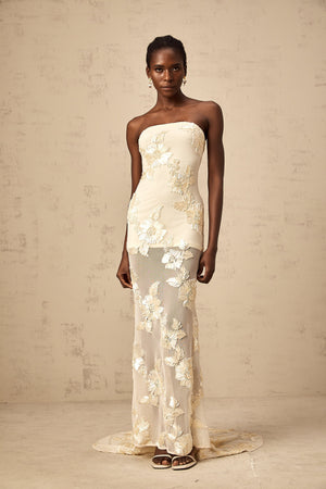 Aurohaya Melanie neutrals embroidered off-shoulder maxi dress