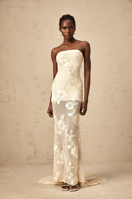 Aurohaya Melanie neutrals embroidered off-shoulder maxi dress