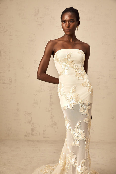 Aurohaya Melanie neutrals embroidered off-shoulder maxi dress