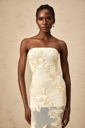 Aurohaya Melanie neutrals embroidered off-shoulder maxi dress