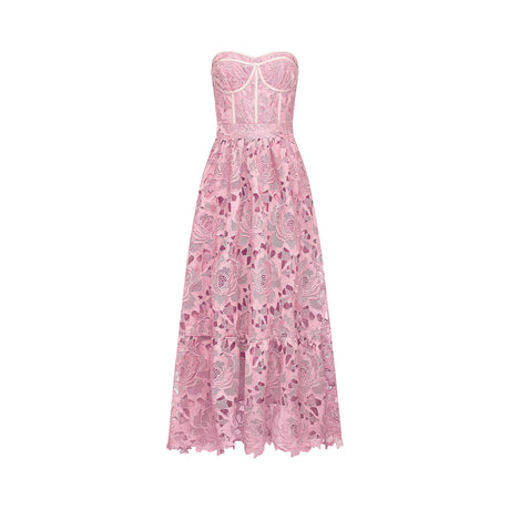 Aurohaya Inès lace floral embroidered cut-out midi dress in Pink