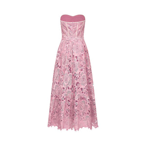 Aurohaya Inès lace floral embroidered cut-out midi dress in Pink