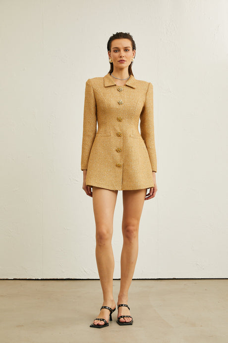 Aurohaya Morgane tweed long-sleeve mini dress