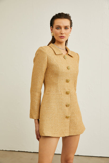 Aurohaya Morgane tweed long-sleeve mini dress