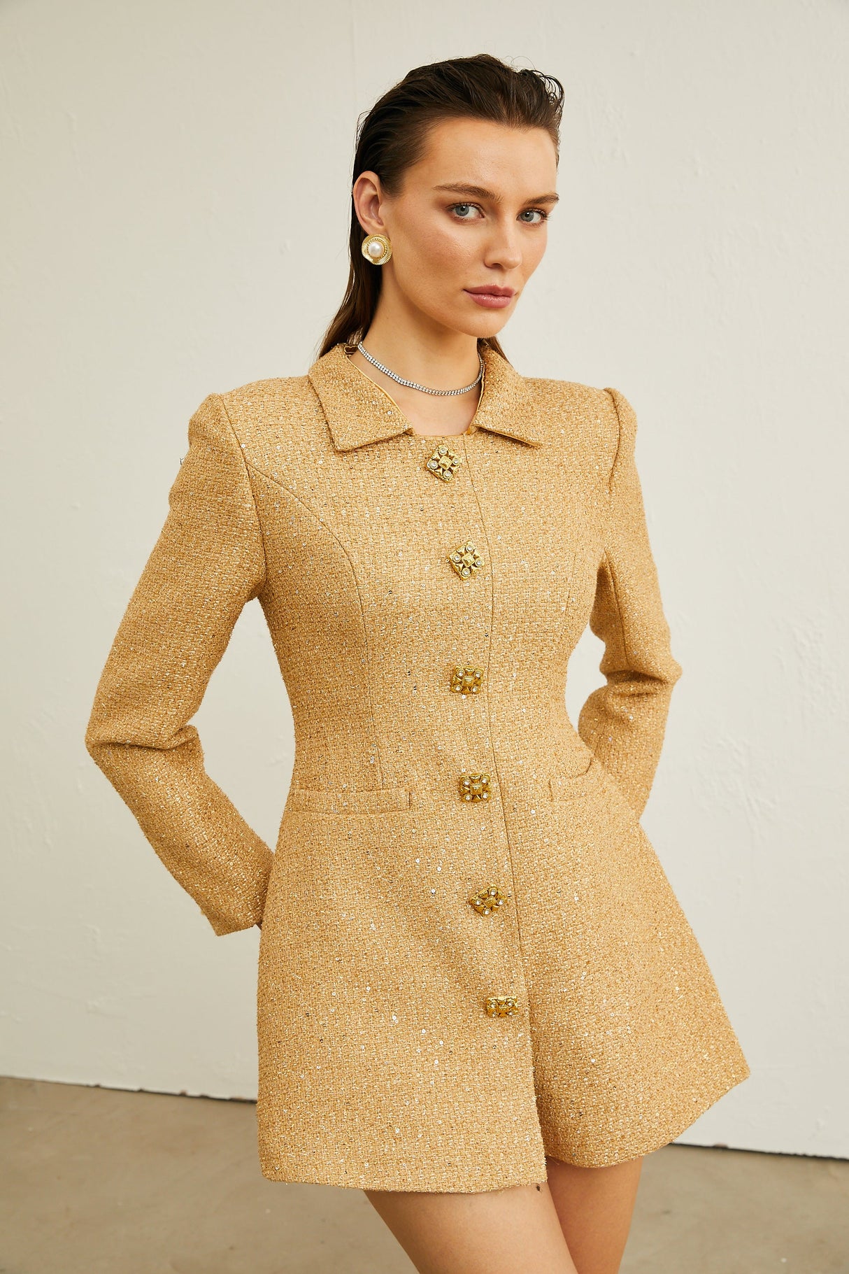 Aurohaya Morgane tweed long-sleeve mini dress