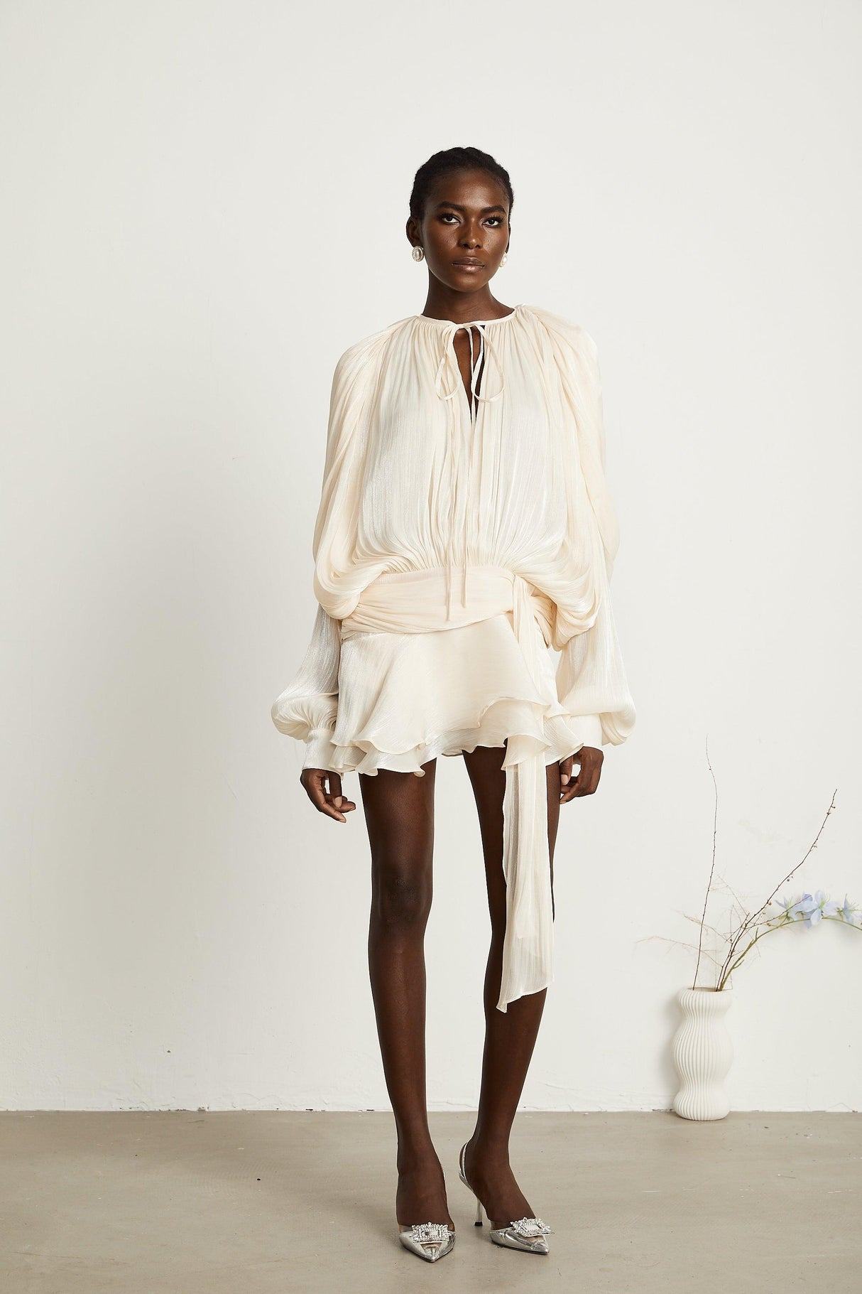 Aurohaya Eugénie Neutral Fully Pleated Ruffled Mini Dress