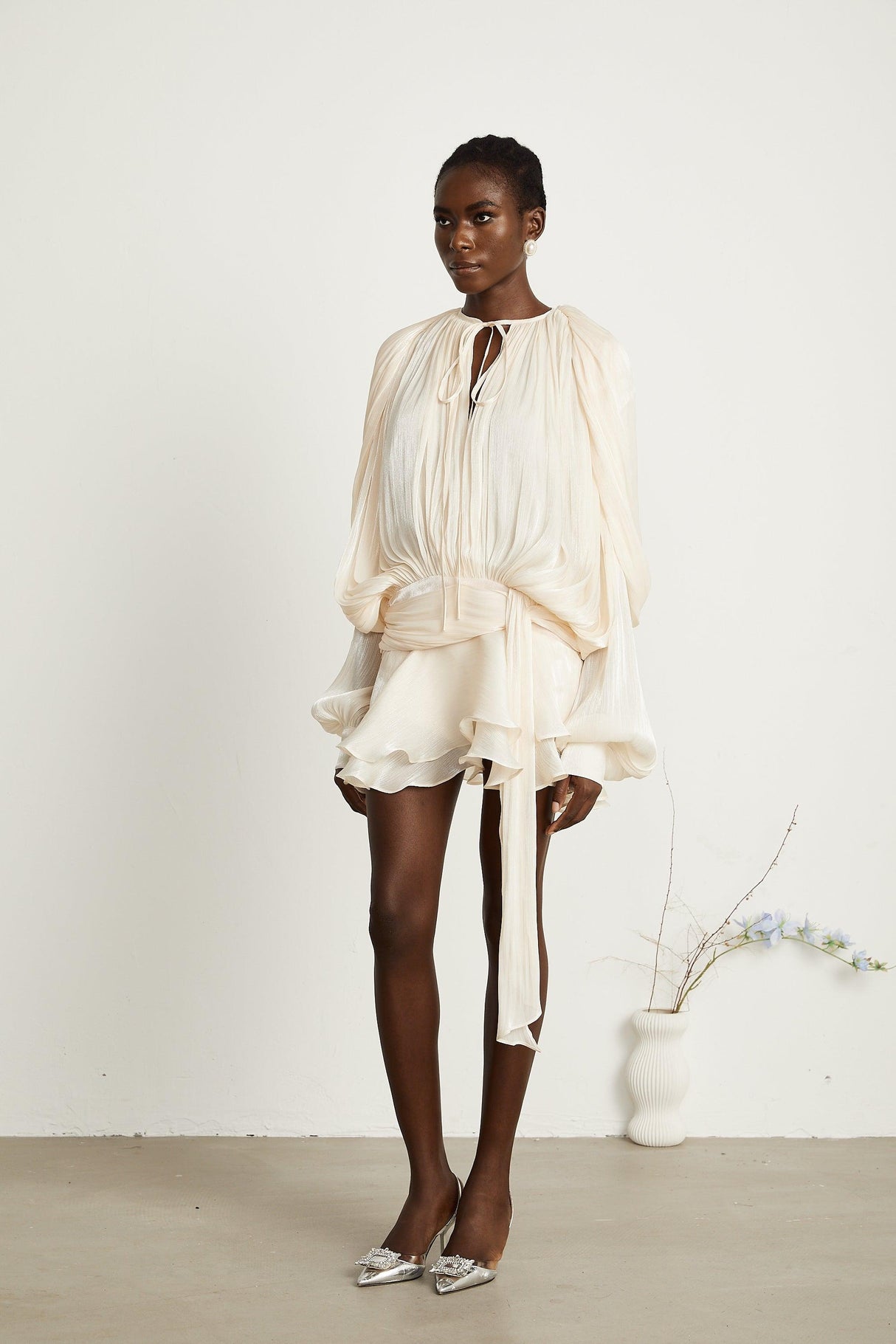 Aurohaya Eugénie Neutral Fully Pleated Ruffled Mini Dress