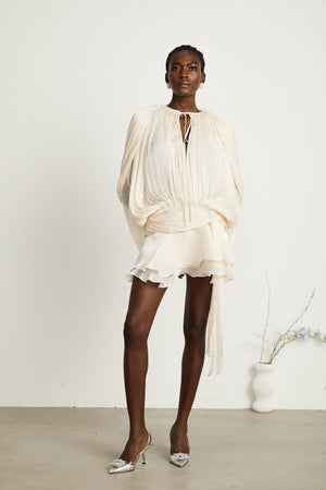 Aurohaya Eugénie Neutral Fully Pleated Ruffled Mini Dress