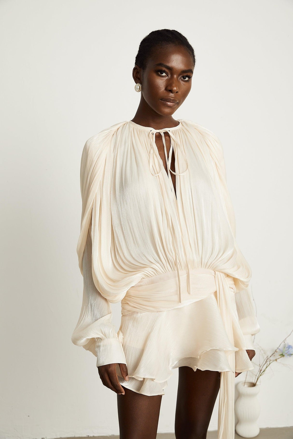 Aurohaya Eugénie Neutral Fully Pleated Ruffled Mini Dress