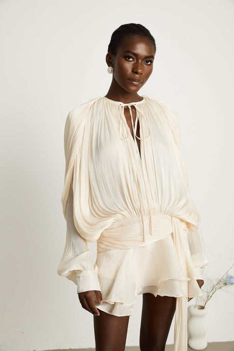 Aurohaya Eugénie Neutral Fully Pleated Ruffled Mini Dress