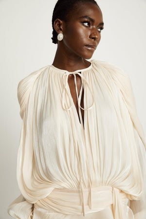 Aurohaya Eugénie Neutral Fully Pleated Ruffled Mini Dress