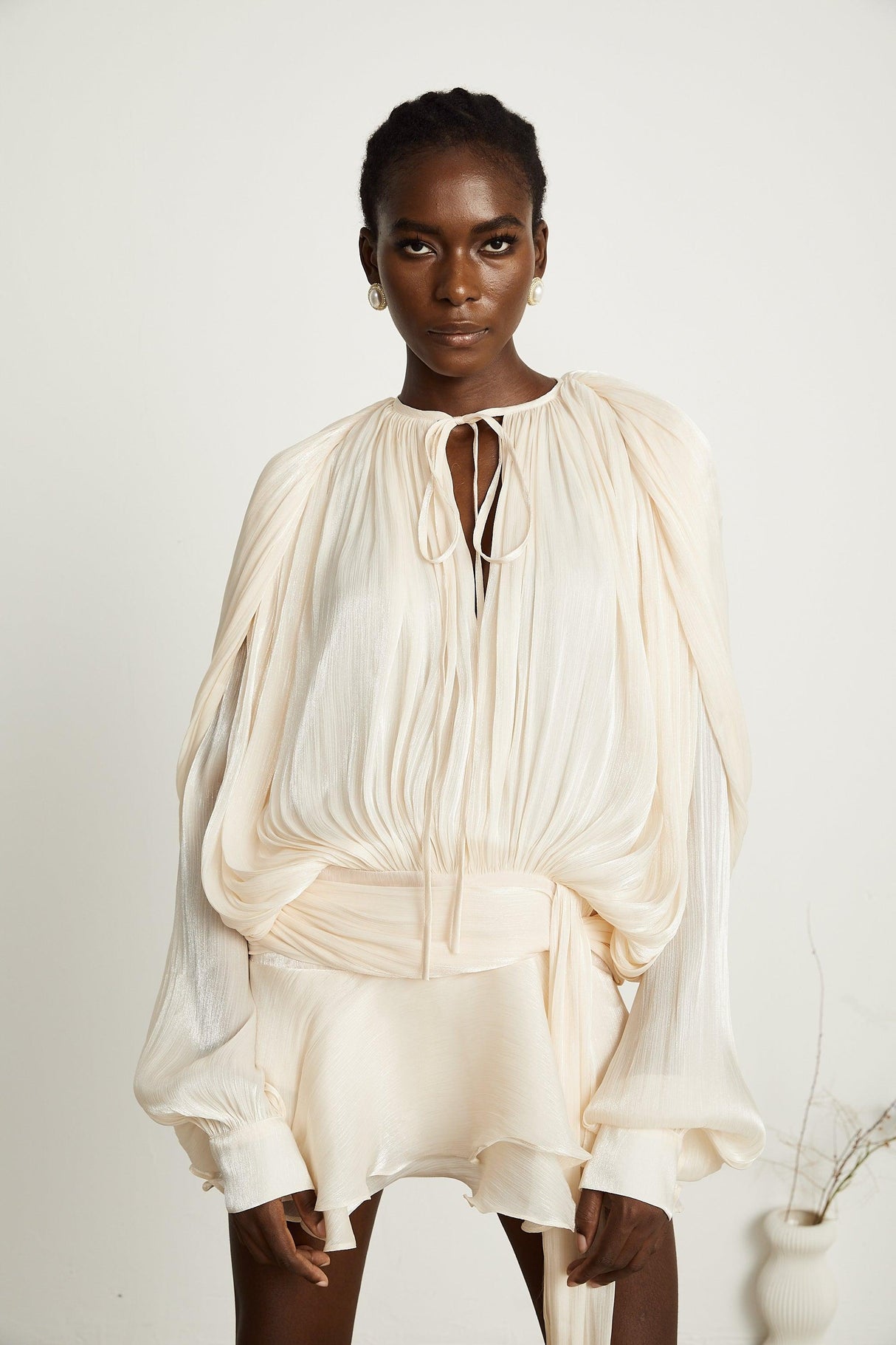 Aurohaya Eugénie Neutral Fully Pleated Ruffled Mini Dress Neutrals
