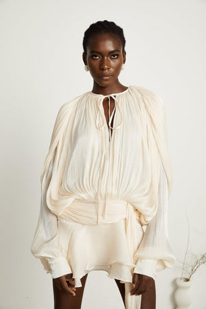 Aurohaya Eugénie Neutral Fully Pleated Ruffled Mini Dress Neutrals