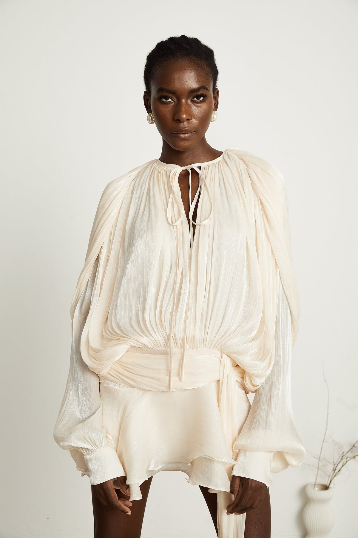 Eugénie Neutral Fully Pleated Ruffled Mini Dress