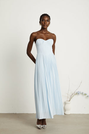 Aurohaya Carlotta blue pleated corset maxi dress