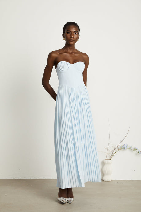 Aurohaya Carlotta blue pleated corset maxi dress