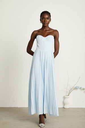 Aurohaya Carlotta blue pleated corset maxi dress