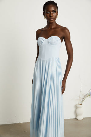 Aurohaya Carlotta blue pleated corset maxi dress