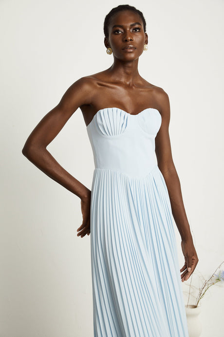 Aurohaya Carlotta blue pleated corset maxi dress