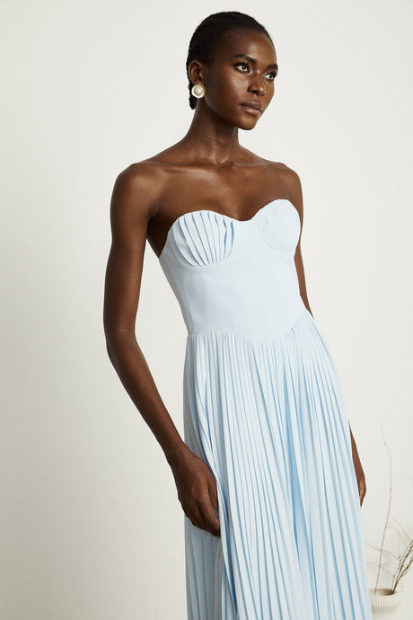 Aurohaya Carlotta blue pleated corset maxi dress