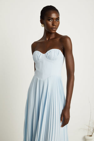 Aurohaya Carlotta blue pleated corset maxi dress