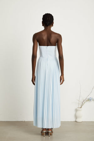 Aurohaya Carlotta blue pleated corset maxi dress