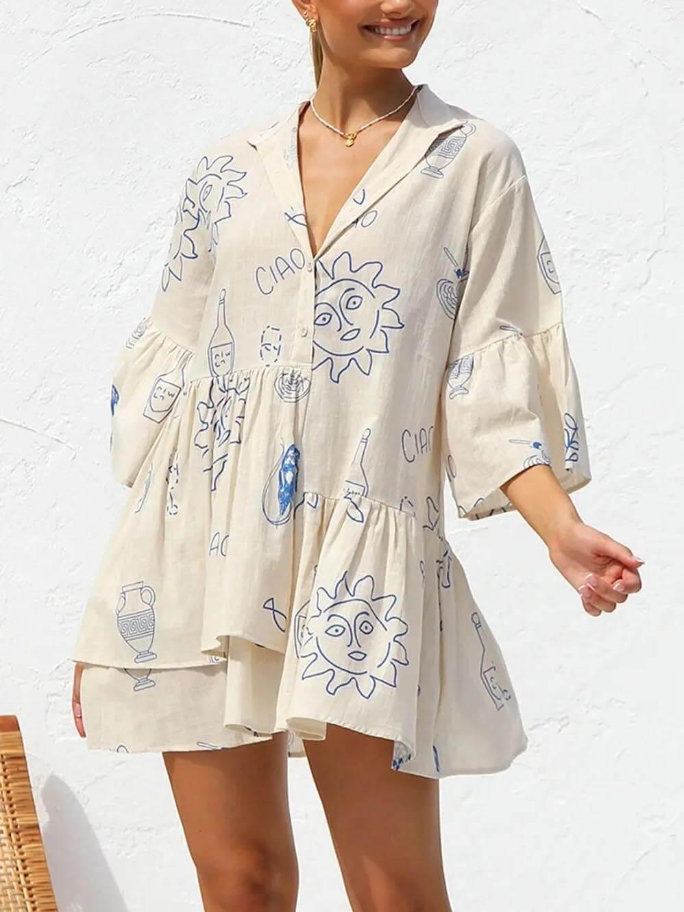Aurohaya Ethnic Style Loose Shirt Short Dress Blue