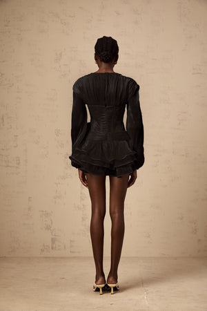 Aurohaya Rosier Black Fully Pleated Cinched Mini Dress