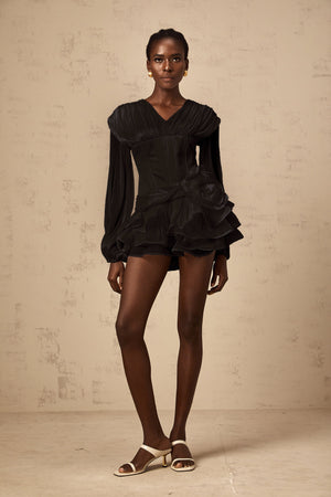 Aurohaya Rosier Black Fully Pleated Cinched Mini Dress