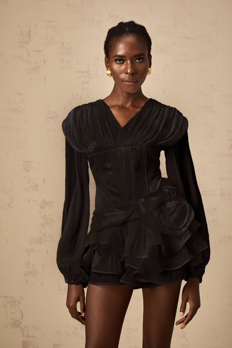 Aurohaya Rosier Black Fully Pleated Cinched Mini Dress