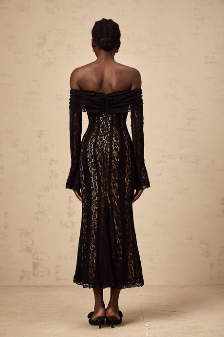 Aurohaya Émeline floral lace flared-cuff midi dress in Black