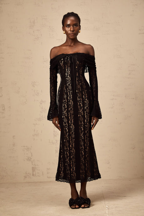 Aurohaya Émeline floral lace flared-cuff midi dress in Black