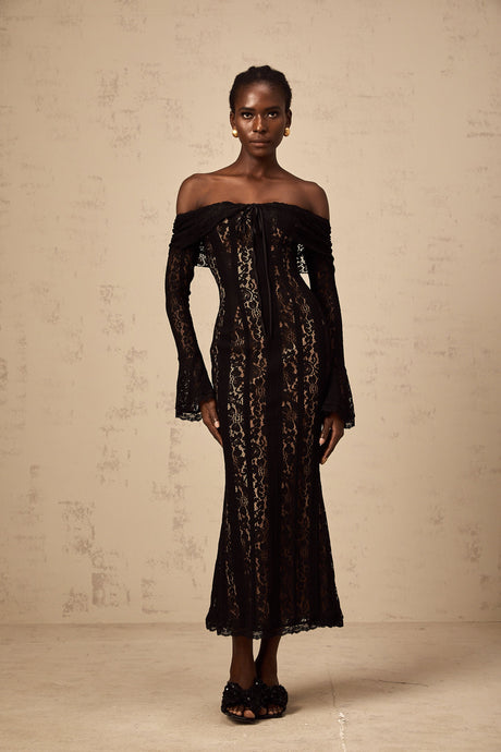 Aurohaya Émeline floral lace flared-cuff midi dress in Black