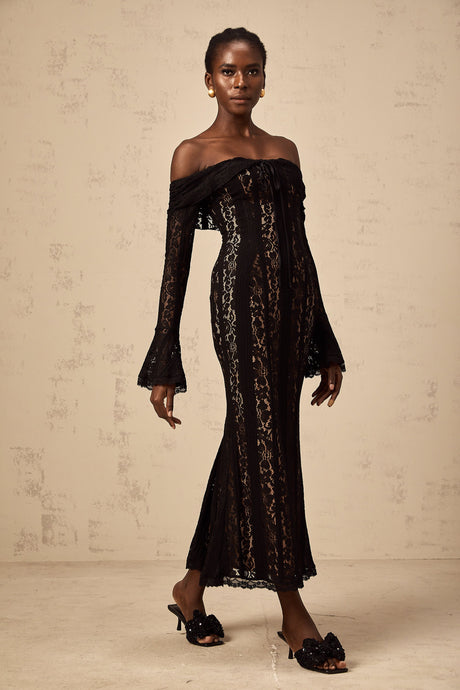 Aurohaya Émeline floral lace flared-cuff midi dress in Black