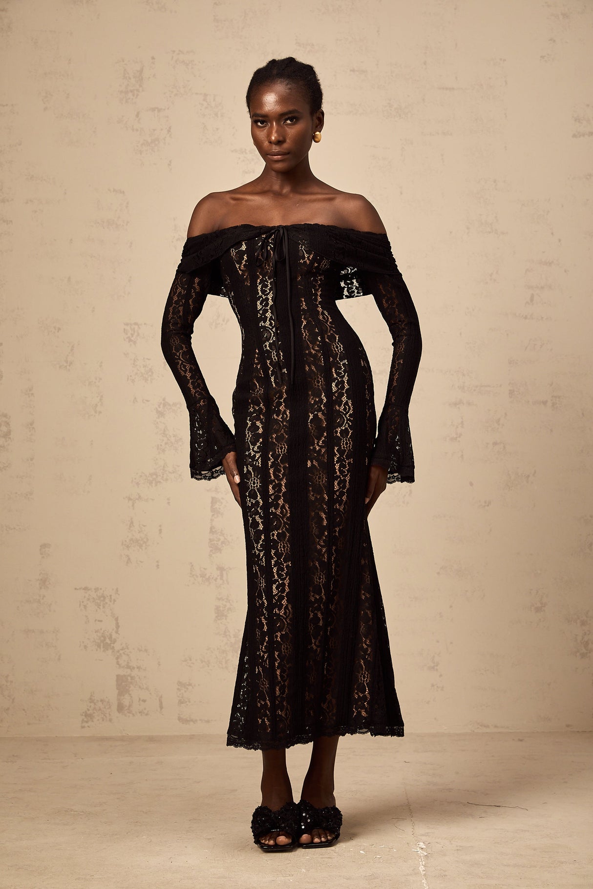 Aurohaya Émeline floral lace flared-cuff midi dress in Black