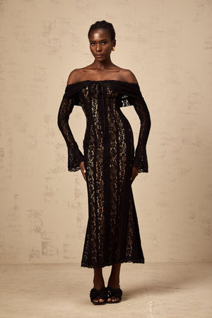 Aurohaya Émeline floral lace flared-cuff midi dress in Black