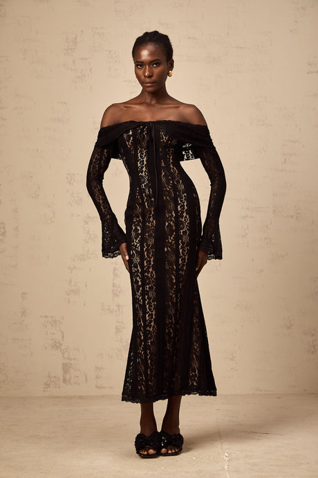 Aurohaya Émeline floral lace flared-cuff midi dress in Black