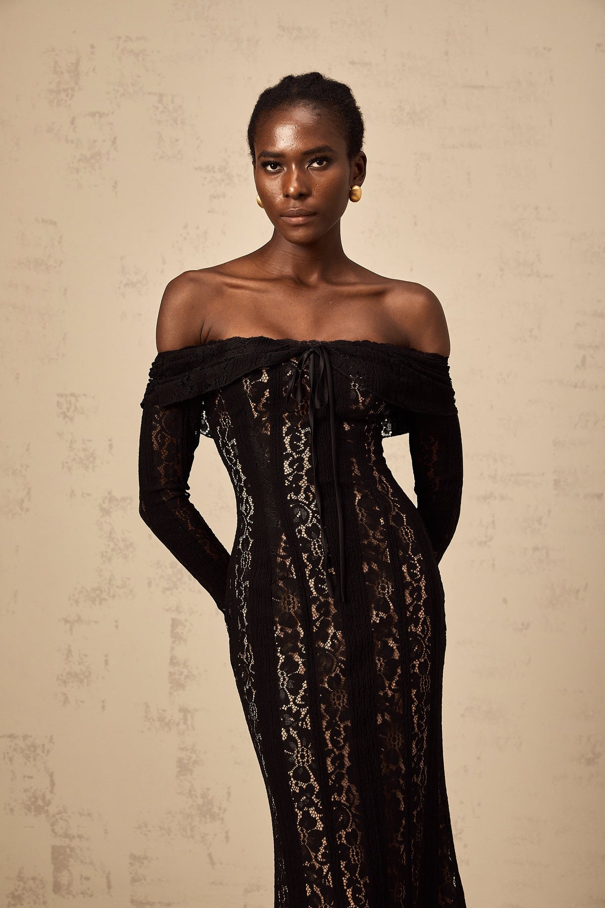 Aurohaya Émeline floral lace flared-cuff midi dress in Black