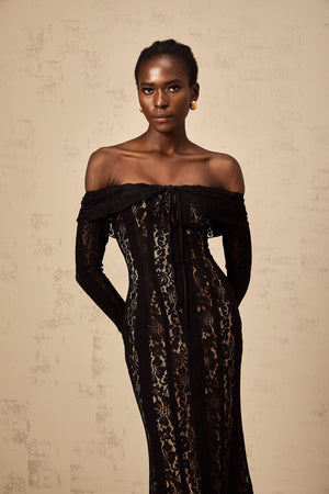 Aurohaya Émeline floral lace flared-cuff midi dress in Black