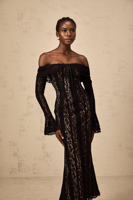 Aurohaya Émeline floral lace flared-cuff midi dress in Black