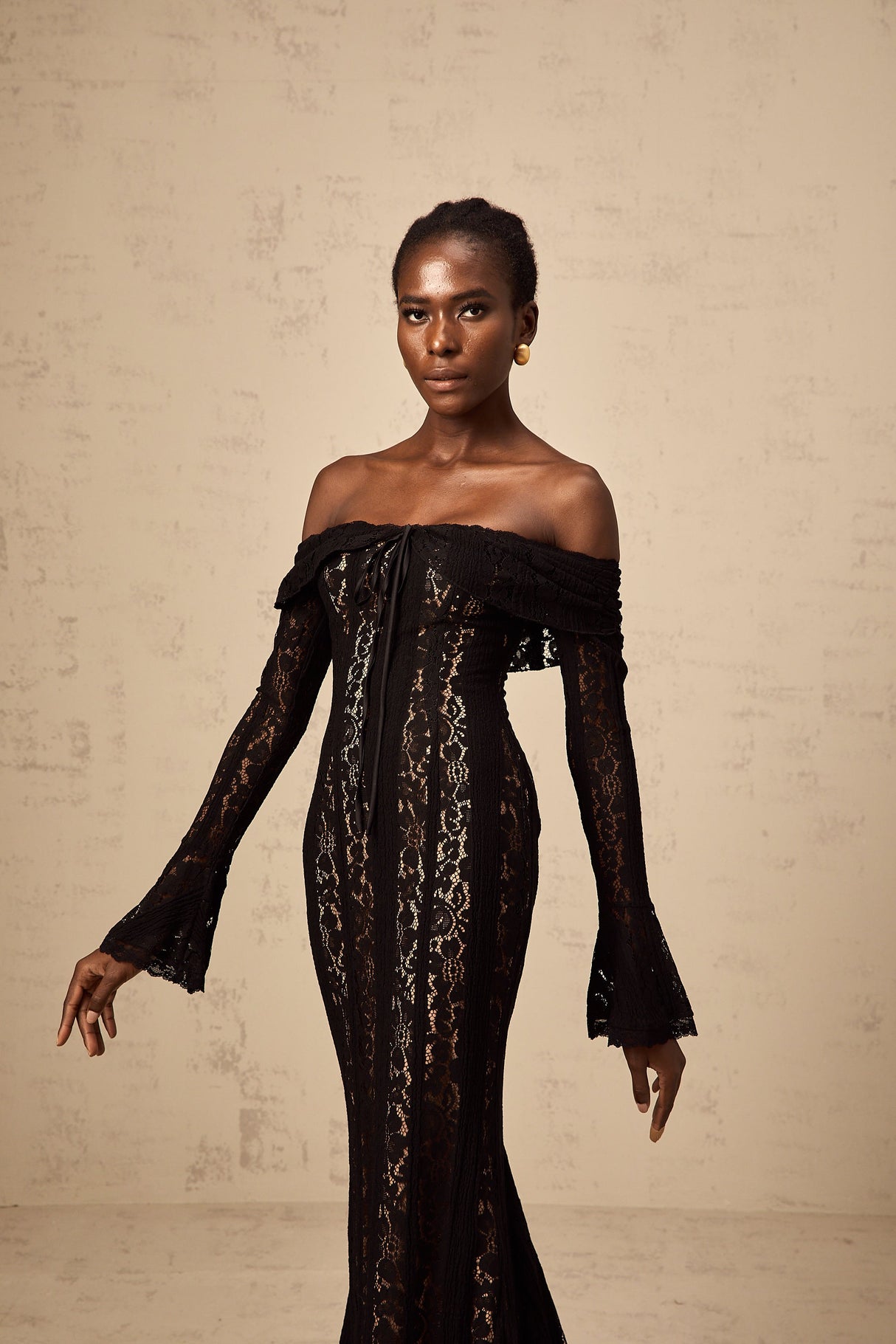 Aurohaya Émeline floral lace flared-cuff midi dress in Black