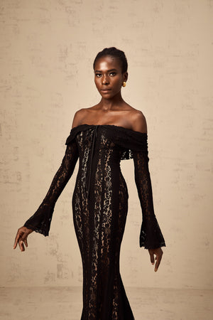 Aurohaya Émeline floral lace flared-cuff midi dress in Black