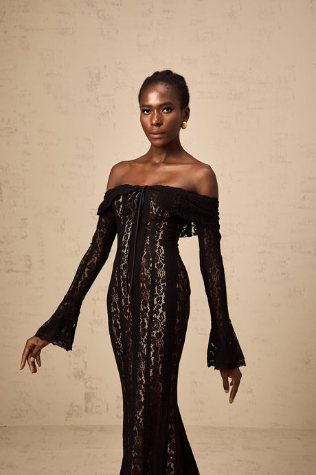 Aurohaya Émeline floral lace flared-cuff midi dress in Black
