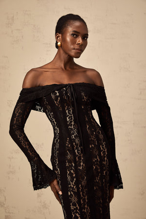 Aurohaya Émeline floral lace flared-cuff midi dress in Black