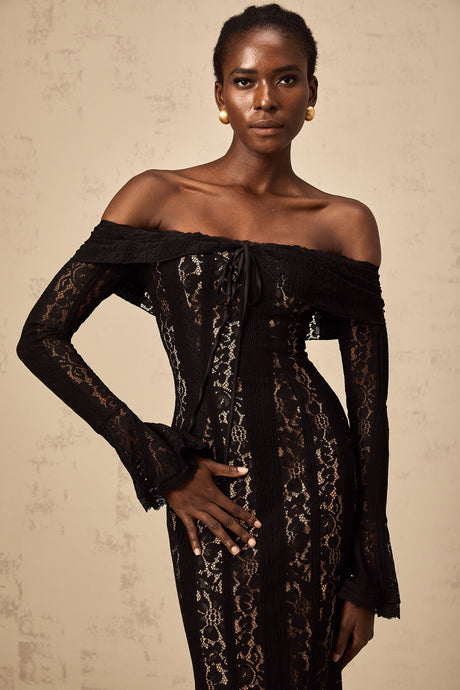 Aurohaya Émeline floral lace flared-cuff midi dress in Black